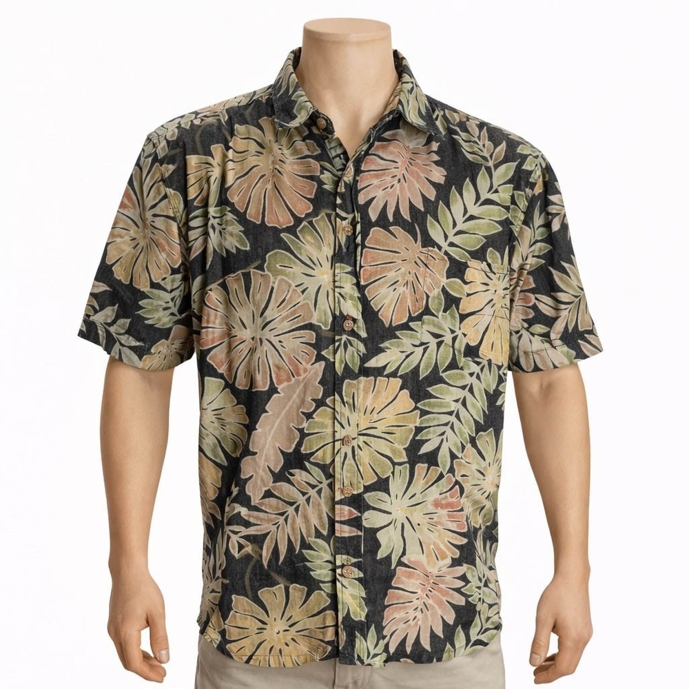 Cooke Street Hawaiian Aloha‎ Shirt XL Floral Tropical Leaves Reverse Print Black